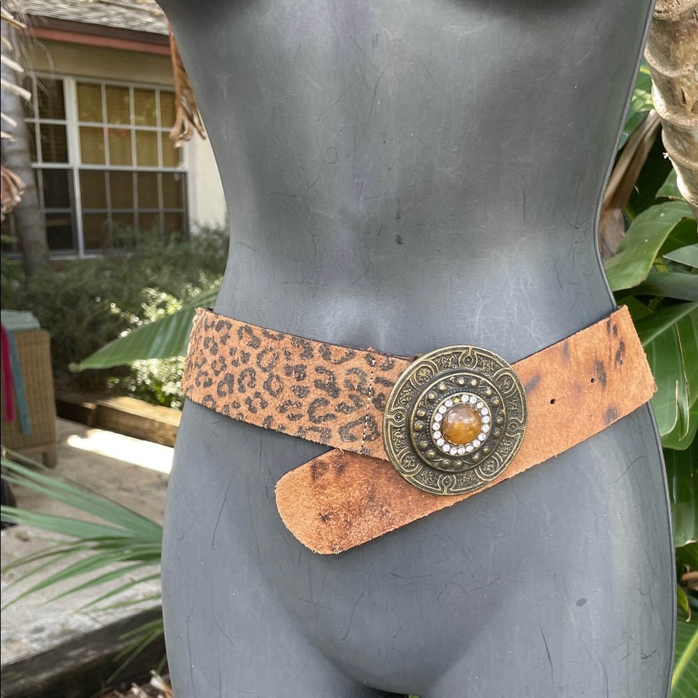 Rustic Leopard Print Statement Belt With Topaz Bu… - image 1